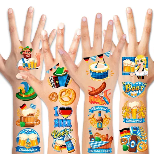 Vista 2 de HOWAF Oktoberfest - 96 tatuajes temporales, calcomanías de tatuaje de festival de cerveza alemana, tatuajes falsos de bandera de Baviera