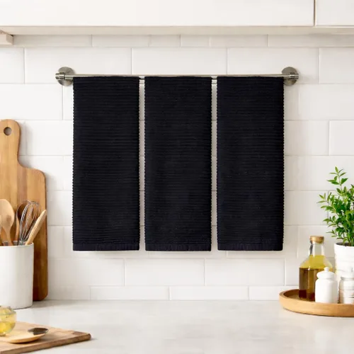 Vista 2 de Serafina Home Toallas de cocina de tamaño grande de color sólido negro: paño de 100 % algodón suave para limpieza y secado absorbente, con ribete