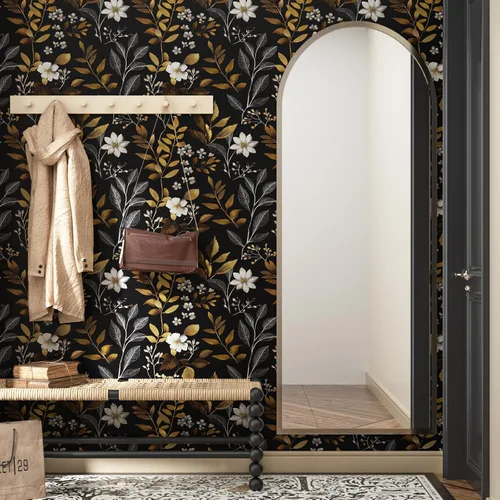 Vista 8 de Papel pintado floral dorado negro para pelar y pegar, papel pintado de hojas boho, papel de contacto botánico para gabinetes, vinilo autoadhesivo