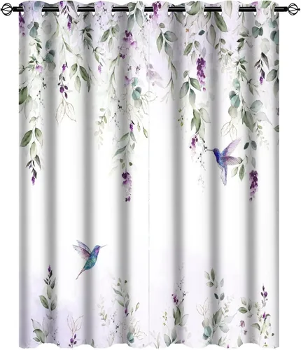 Vista 18 de Cortinas abstractas de eucalipto y colibrí, cortinas opacas con aislamiento térmico y ojales para dormitorio, 2 paneles de 45 pulgadas de largo x 21