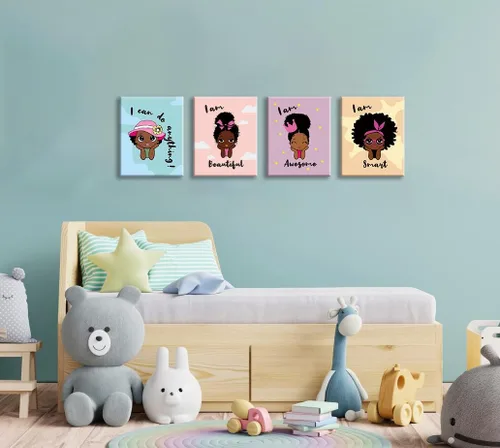 Vista 3 de Lienzo enmarcado para pared, póster motivacional de niña negra, pintura artística de niña afroamericana, arte de pared inspirador de niña negra