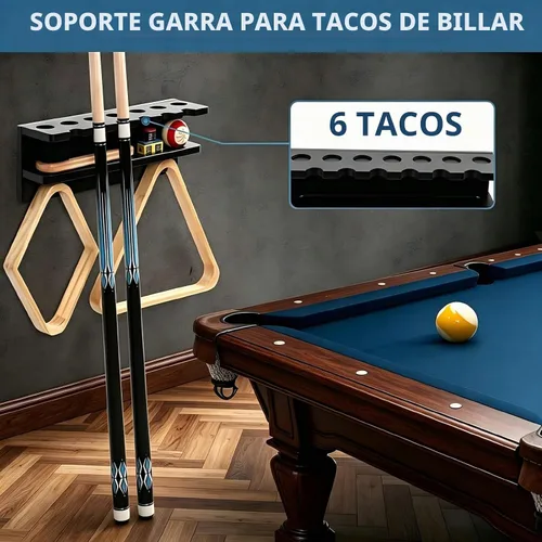 Vista 5 de Soporte de pared para palo de billar, soporte de madera maciza para 7 palos, soporte de pared con garra para decoración de billar, accesorios, negro