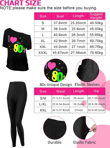 Vista 2 de Vabean Juego de 19 piezas de disfraz de los años 80, camiseta, leggings, falda tutú, diadema, collar, pulseras, aretes, guantes, calentadores