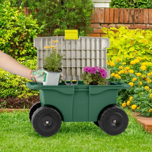 Vista 8 de Pure Garden - Carrito de jardín rodante con asiento, almacenamiento de plástico con banco y bandeja interior de herramientas, taburete de jardinería