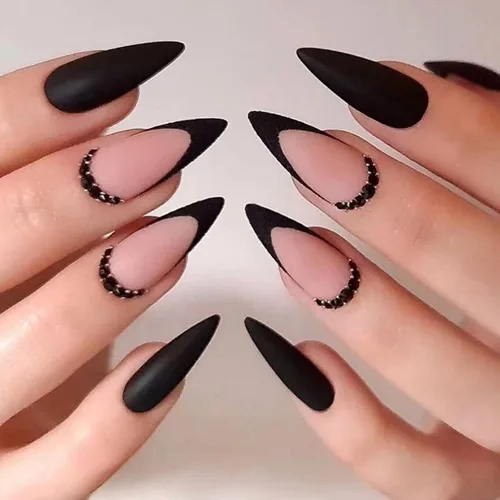 Vista 8 de MISUD - Uñas postizas largas con forma de ataúd, con diseño gótico de vampiro en negro y rojo, acrílico, 24 piezas