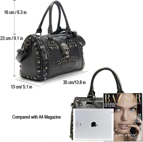 Vista 5 de Bolso de hombro para mujer con gran capacidad, estilo gótico con calavera, con tachuelas, estilo doctor