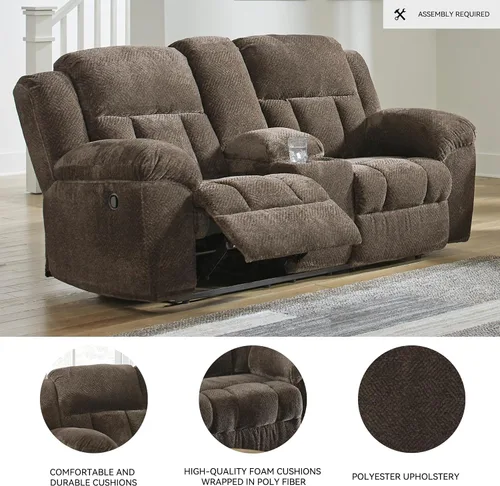 Vista 4 de Signature Design by Ashley Frohn - Sofá biplaza reclinable doble manual moderno con consola, almacenamiento y portavasos, color marrón oscuro