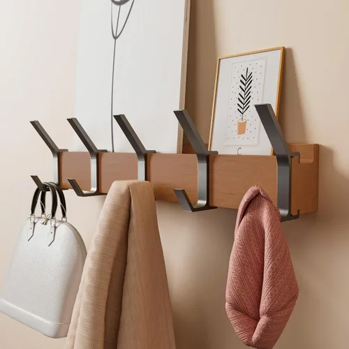 Vista 9 de Perchero de pared Perchero de 17 pulgadas con 5 ganchos dobles extraíbles Ganchos para sombrero, llave, mochila, toalla, gancho de pared de Negro