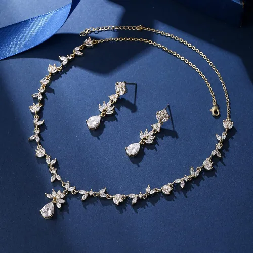 Vista 5 de EleQueen Juego de joyas nupciales de boda para mujer, para novias, damas de honor, elegante hoja de vid, circonita cúbica, lágrima, collar, aretes