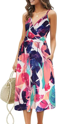 Vista 8 de Ouges Vestido corto de verano para mujer, con cuello en V, tirantes delgados, estampado floral y bolsillos, de fiesta