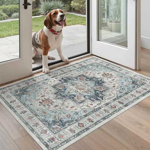 Vista 209 de Madane Alfombra lavable de 2 x 3 pies, alfombra de entrada pequeña, antideslizante, vintage, para entrada interior, alfombra de pelo bajo