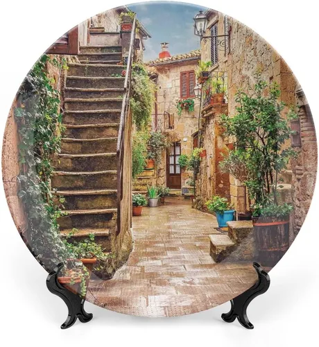 Vista 9 de Plato decorativo de 6 pulgadas, cerámica toscana, antigua calle italiana en pequeña ciudad provincial de Italia, placa de exhibición europea hecha a