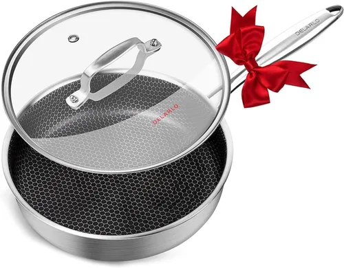 Vista 11 de DELARLO Sartén de tres capas de acero inoxidable de 10 pulgadas Sartén de freír profunda de 3QT con tapa Sartén de saltear con tapa Compatible