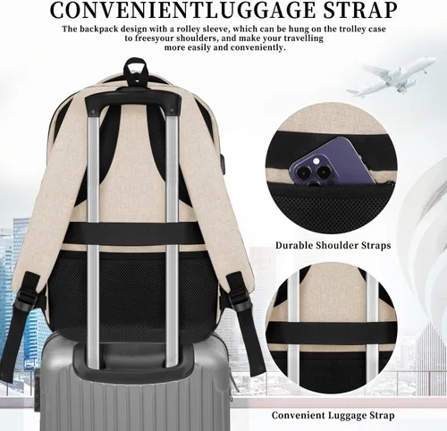 Vista 5 de Mochila Skaypibs para Mujeres y Hombres, Mochilas para Trabajo y Viaje con Porta Laptop, A6-Beige, 15,6 pulg., Moderno