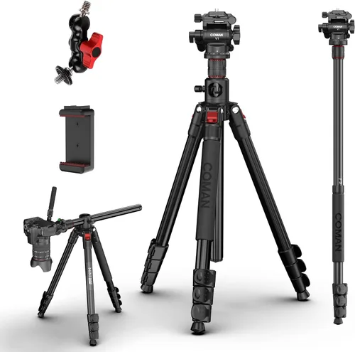Vista 9 de COMAN Trípode superior de 72 pulgadas, trípode para cámara con columna central y cabeza de bola de 360 grados, monopie desmontable con placa QR