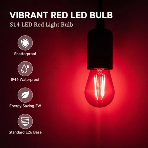 Vista 3 de Bombilla LED S14 de repuesto de 2 W, bombillas de repuesto para luces LED, inastillables, impermeables, decorativas, E26, filamento rojo, bombillas