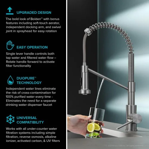 Vista 4 de Kraus Bolden 2-en-1 Grifo de cocina de estilo comercial con filtro de agua monomando extraíble para ósmosis inversa o sistema de filtración de agua