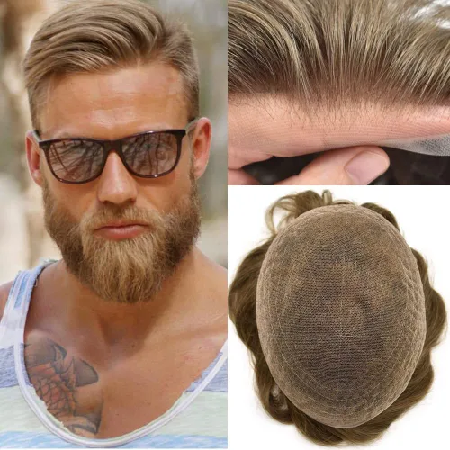 Vista 101 de PUNRU HAIR Completo Swiss Lace Toupee para hombres Sistema de cabello humano real Sistema de reemplazo de cabello humano para hombre Toupee