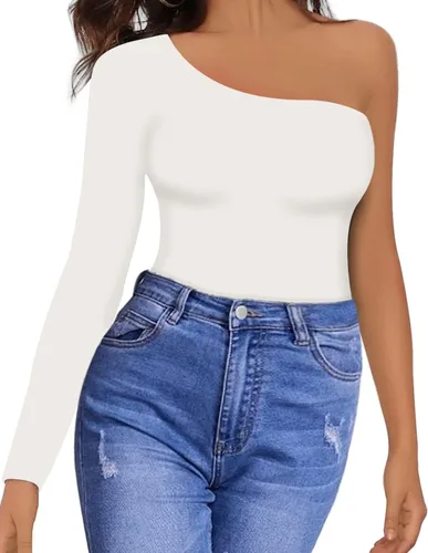 Vista 2 de MANGOPOP Women's One Shoulder Off Sleeveless Long Sleeve Tank Top Bodysuit Jumpsuits