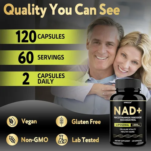 Vista 6 de Suplemento NAD de 1800 mg - NAD+ licotinamida ribósido NR con resveratrol para mujeres y hombres - Aumenta los niveles de NAD Plus, avanzado, salud