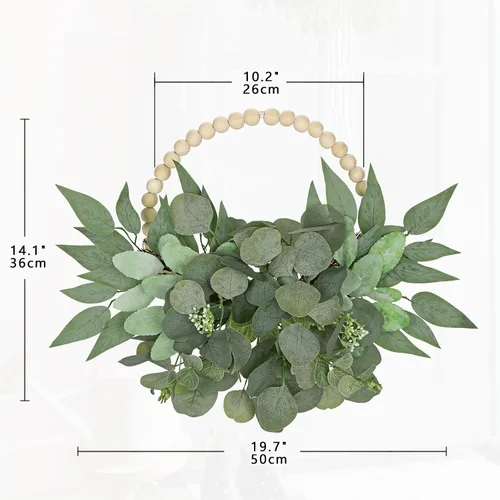 Vista 2 de Coronas artificiales de eucalipto con cuentas de madera para puerta delantera, coronas de hojas de eucalipto de 10 pulgadas, decoración de primavera