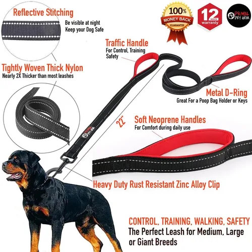 Vista 2 de Correa de perro de 6 pies con asa acolchada de tráfico, resistente, doble asa para un mayor control de capacitación en seguridad, perfecto para Negro
