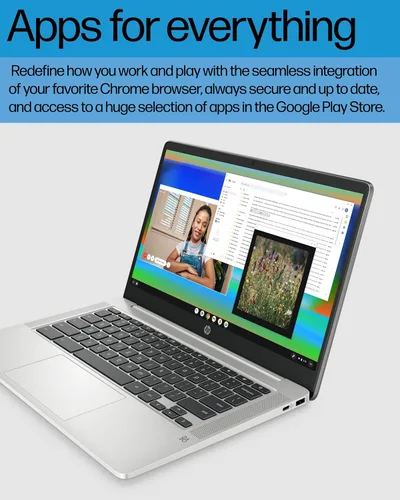 Vista 7 de HP Laptop Chromebook de 14 pulgadas, Intel Celeron N4120, 4 GB de RAM, 64 eMMC, pantalla HD, Chrome OS, gráficos Intel UHD 600, batería de larga