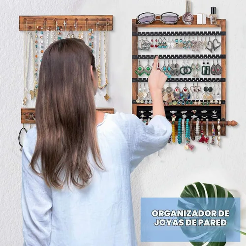 Vista 2 de Organizador de pendientes de madera, organizador de joyas de pared Brown+black
