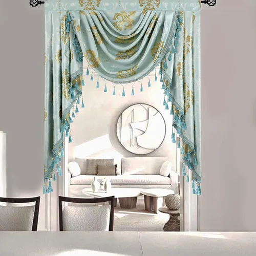 Vista 4 de Cenefa de cascada de damasco jacquard, aguamarina, 39 pulgadas de ancho, 1 panel Damask Waterfall Valance, Rod Pocket with Tassels Valance, For