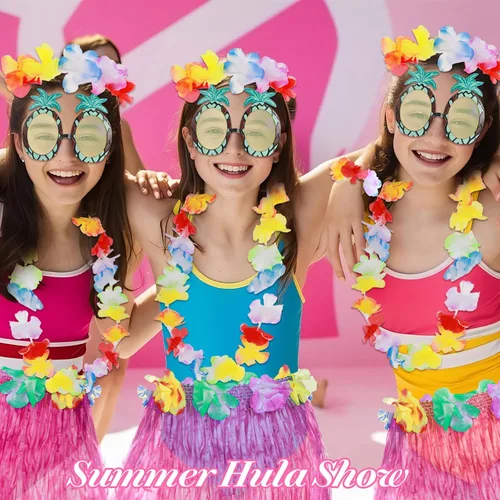 Vista 4 de Paquete de 6 faldas de hierba hawaiana para niñas, falda de baile de Hula lindos anteojos, accesorio de disfraz de hula, vestido de fiesta de verano