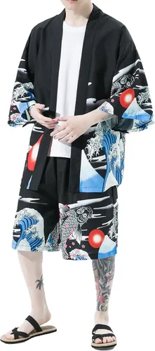 Vista 6 de PRIJOUHE Conjunto de kimono de estilo japonés para hombre, ligero, casual, con siete mangas, frente abierto, cárdigan y pantalones cortos