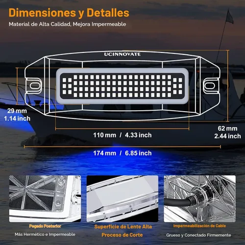 Vista 3 de UCINNOVATE 2X Luces LED Marinas para Barco de 6.9", 3000LM 84LED Luces de Popa Impermeables, Luz Subacuática para Yates, Barcos, Velero, Pontón