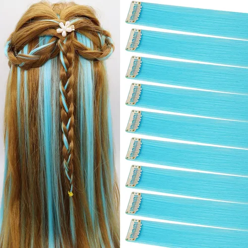 Vista 18 de 12 extensiones de cabello de colores rectas de 20 pulgadas, extensiones de cabello sintético con clip, color arcoíris, con reflejos, para fiesta
