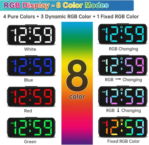 Vista 2 de Peakeep Small Tiny Digital Alarm Clock Plug in for Kids Bedroom Bedside Nightstand, RGB Colorful Changing Large Display for Travel, Dimmable 6