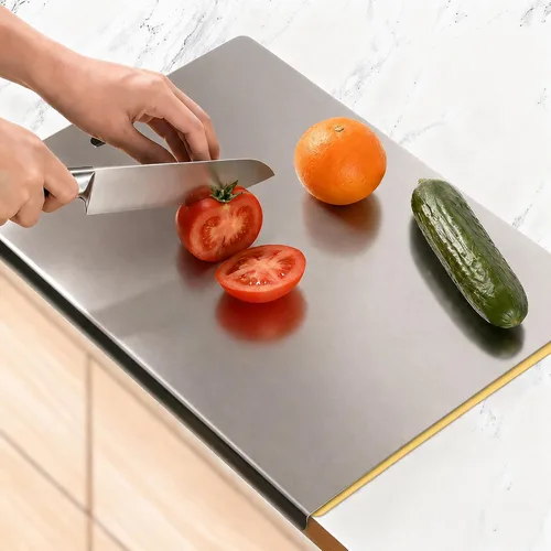 Vista 9 de Tablas de cortar grandes de acero inoxidable para cocina, tablas de cortar con alfombrilla antideslizante azul, tabla de cortar con borde
