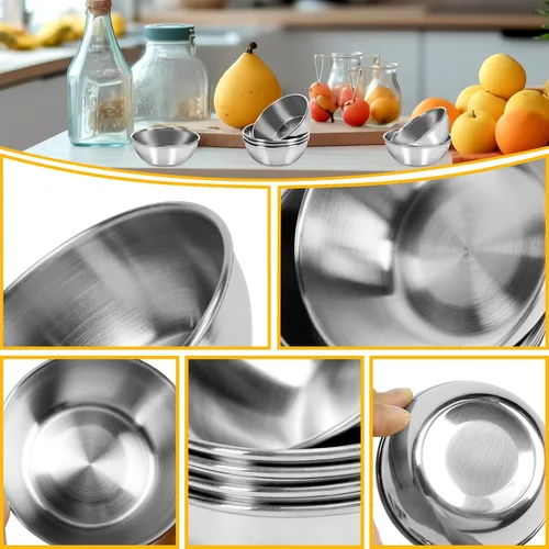 Vista 4 de 6 platos de salsa de acero inoxidable, cuencos redondos para condimentos, mini platos de aperitivo, platos para mezclar sushi (3.15 x 1.18 pulgadas)