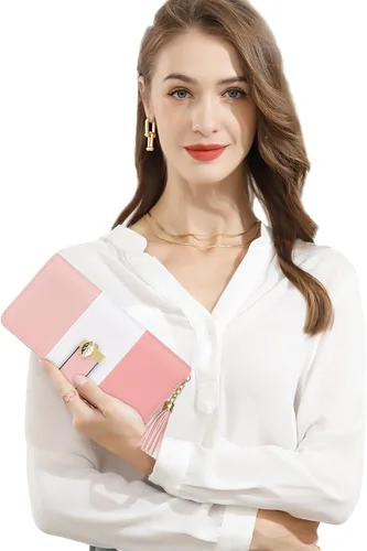 Vista 4 de Carteras RFID para mujer con múltiples ranuras para tarjetas y compartimento para teléfono celular, cartera para mujer, Rosa SakuraBlancoRosa