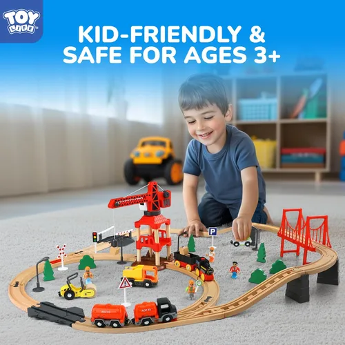Vista 8 de TOY Life Juego de Tren de 81 Piezas con Grúa y Locomotora, Juguete de Tren de Madera, Vías de Tren de Madera para Niños Pequeños de 3, 4, 5 Años