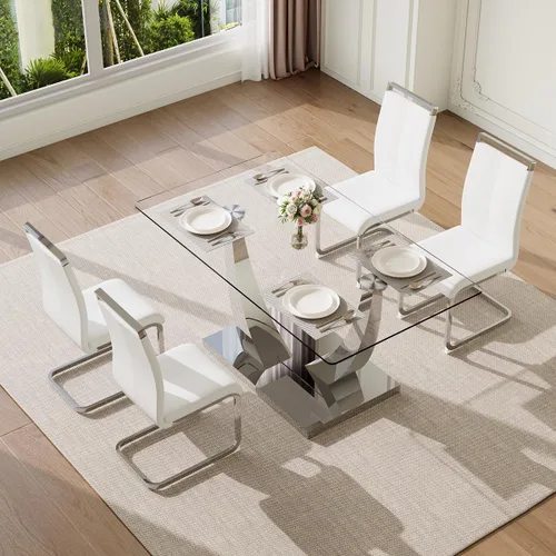 Vista 39 de Juego de mesa de comedor de 63 pulgadas para 4, juego de mesa de comedor dorado moderno para 4, juego de mesa de cocina de mármol sintético