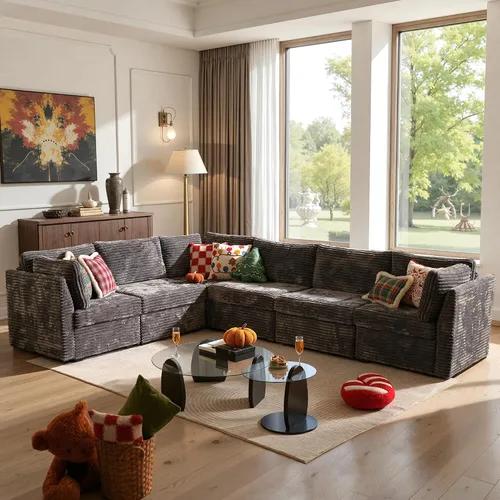 Vista 13 de Ovios - Sofá modular con diván en forma de U y otomanas, cómodo y mullido, tapizado en pana estilo nube, moderno, asiento profundo, juego de sofás