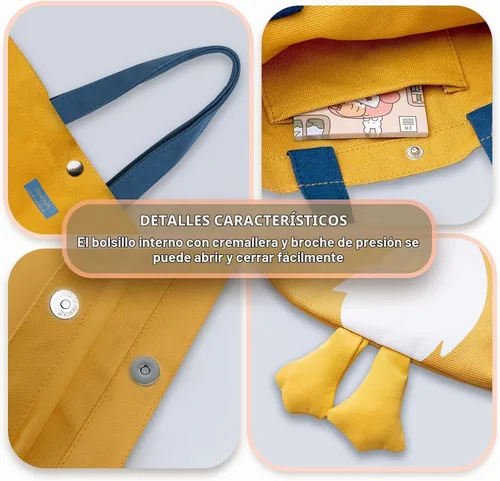 Vista 5 de Bonita bolsa de lona para mujer, bolsa de tela de algodón reutilizable para el almuerzo, compras y playa (pato amarillo de transporte a mano)