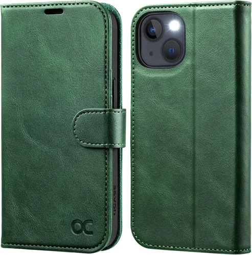 Vista 13 de OCASE Funda tipo cartera compatible con iPhone 13, de piel sintética con tapa tipo folio, con tarjetero, bloqueo RFID, soporte
