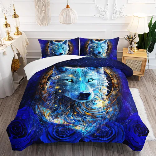 Vista 27 de AILONEN Juego de edredón con cabeza de lobo impresa tamaño individual, juego de ropa de cama de lobo para la noche para niños y hombres, juego
