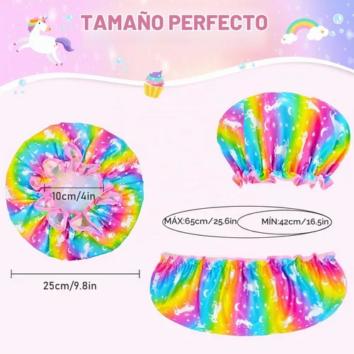 Vista 7 de Olypegic Gorro de ducha para niños, 3 piezas, para niñas, reutilizable, impermeable, ajustable, grande, con unicornio, sirena, arco iris, lindo