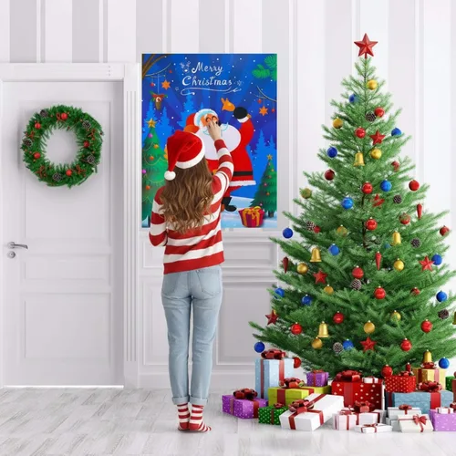 Vista 7 de SKYLETY Juegos de fiesta de Navidad, juego de pin the nose en Papá Noel, divertidos juegos de fiesta con los ojos vendados para familiares y amigos