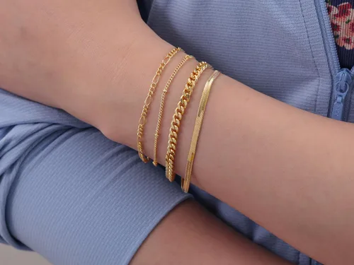 Vista 5 de Picuzzy Pulseras de oro para mujer, de oro real de 14 quilates, apilables, impermeables, juego de joyas para mujer, a la moda, delicadas, bonitas