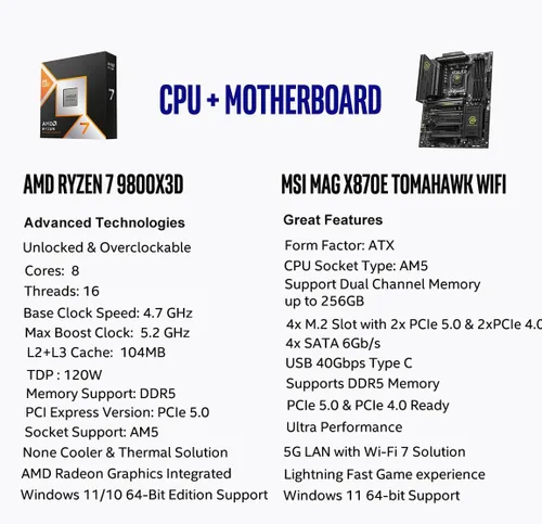 Vista 2 de Micro Center AMD 9800X3D Processor with MSI MAG X870E Tomahawk Motherboard AMD Ryzen 7 9800X3D+ MSI MAG X870E Tomahawk WiFi