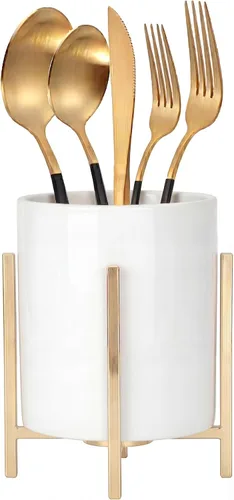 Vista 16 de Organizador de cerámica para cubiertos, soporte redondo para utensilios, soporte para utensilios de cocina para encimera, taza de cerámica con borde