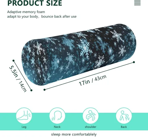 Vista 3 de White Snowflakes Blue Neck Pillow for Sleeping, Cervical Roll Memory Foam Pillows for Neck Pain Relief, Neck Support Round Pillows with Washable