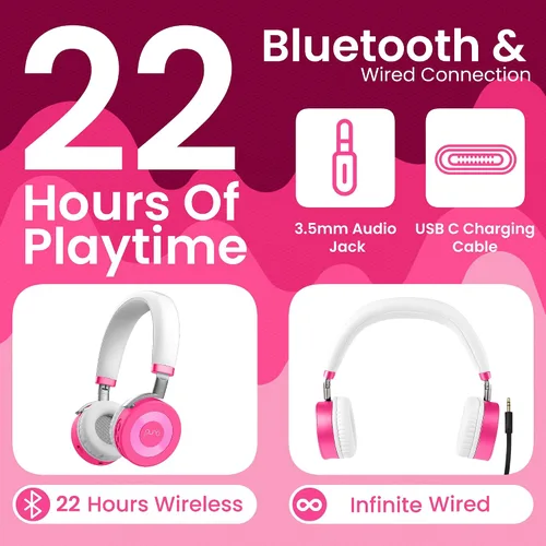 Vista 3 de Puro Sound Labs JuniorJam Plus - Audífonos Bluetooth inalámbricos con limitación de volumen para niños, audio seguro con diseño ajustable